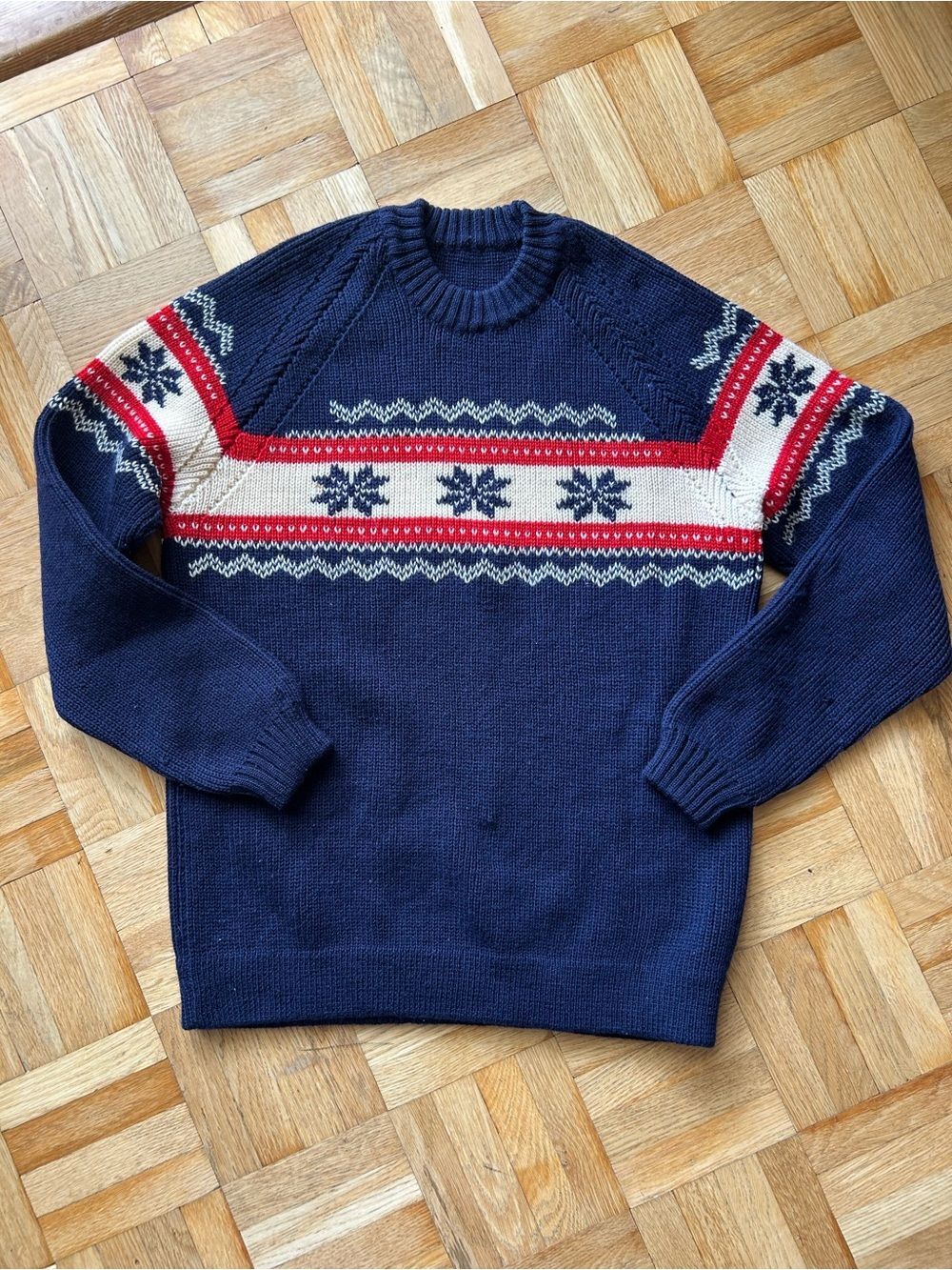 Vintage Handmade Navy Crewneck Fair Isle Sweater with Red & White Pattern